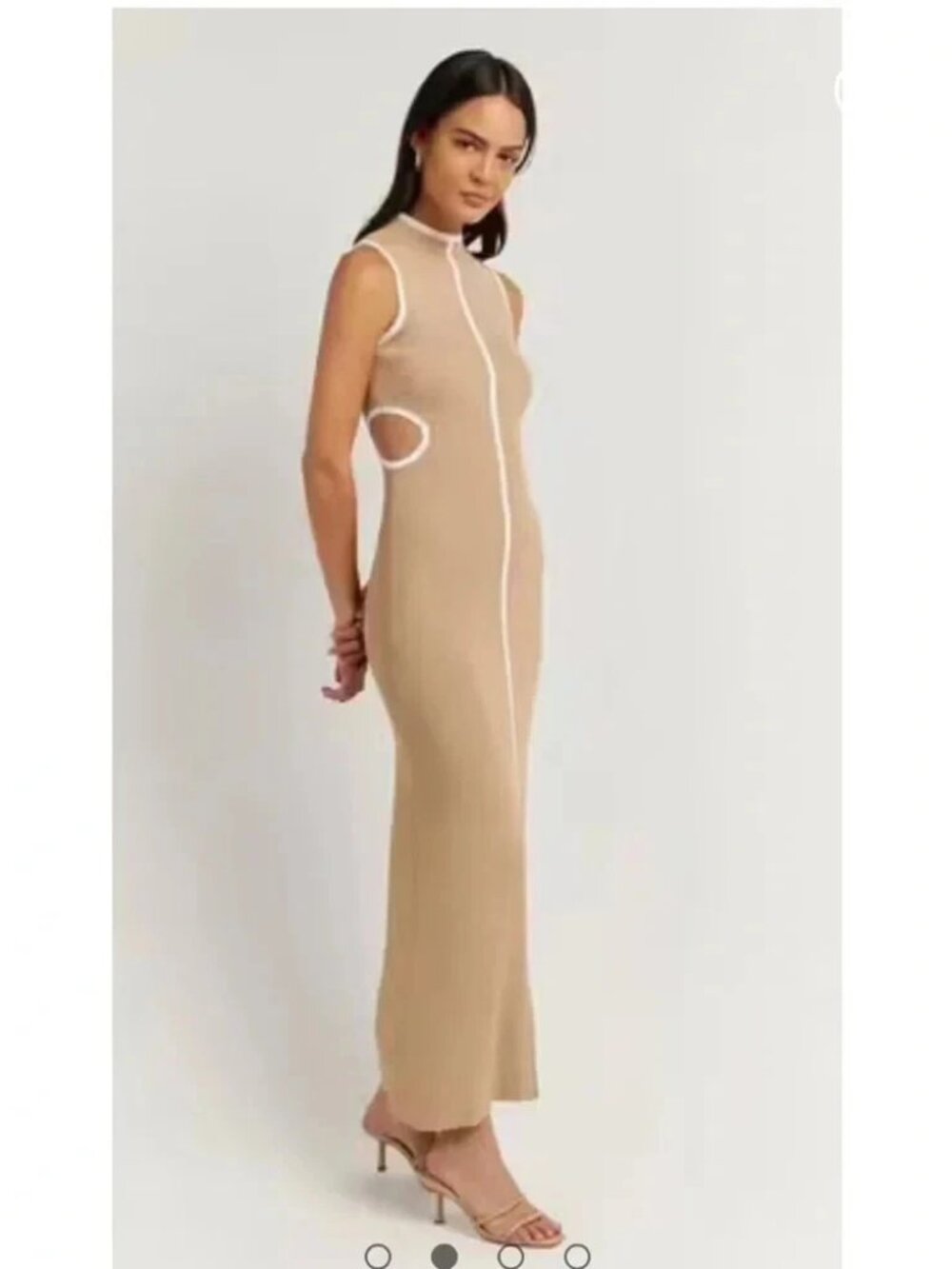 Dissh Binding Wheat Knit Midi Dress Sz L Cut Out Nude Ribbed Minimalist - Picture 2 of 13